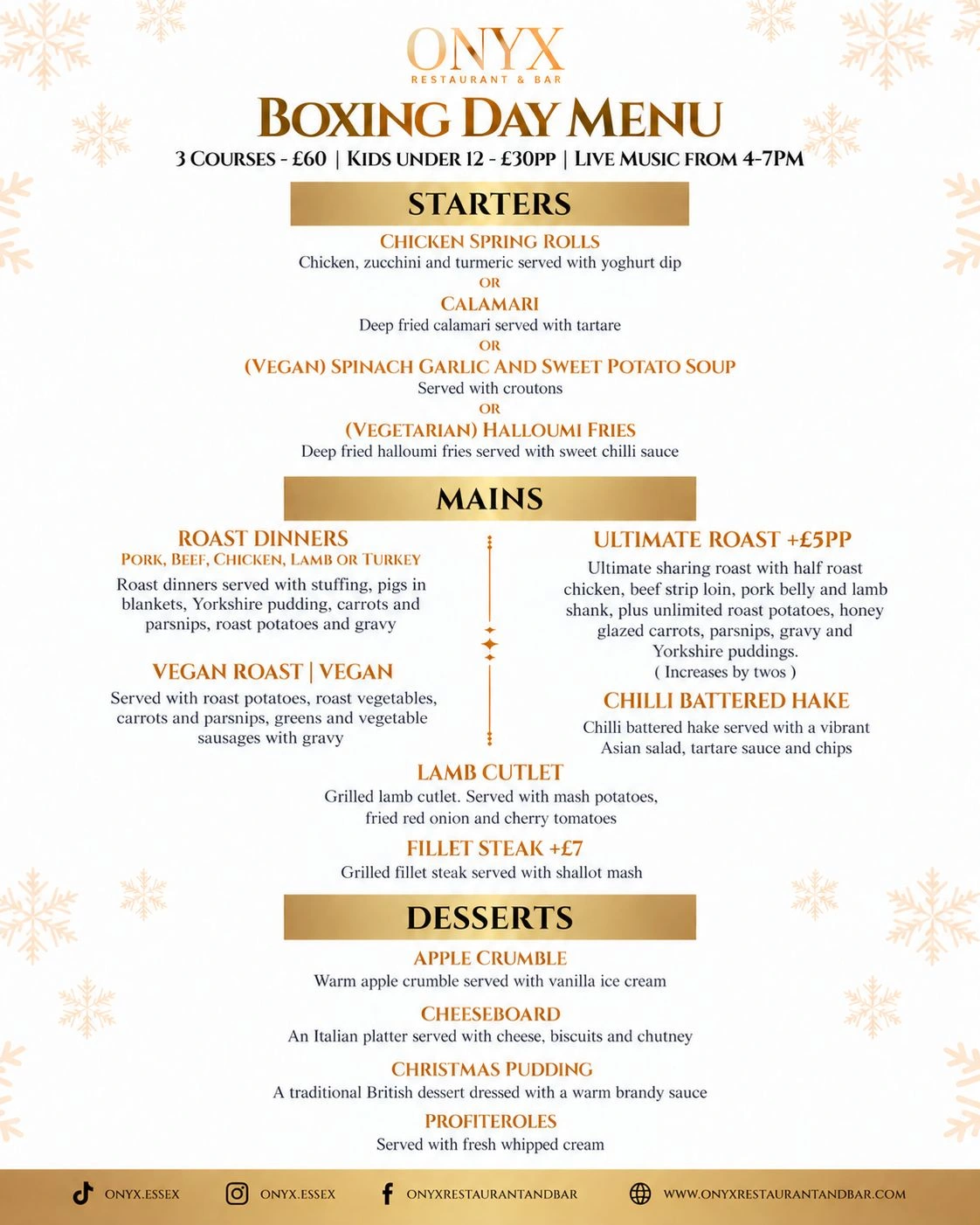 Boxing Day menu with prices, starters, mains and desserts
