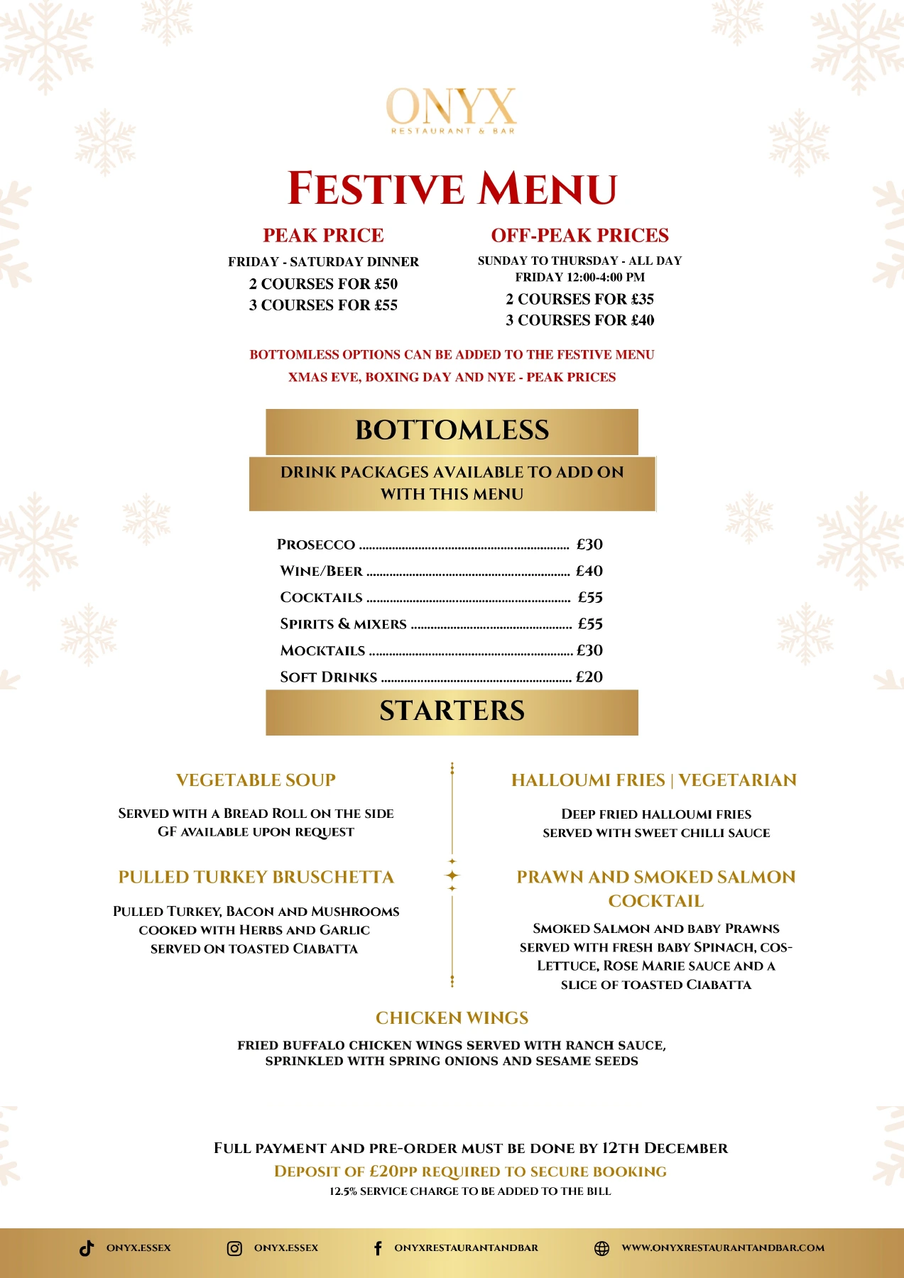 Revised festive menu with Boxing Day peak prices at Onyx Restaurant & Bar