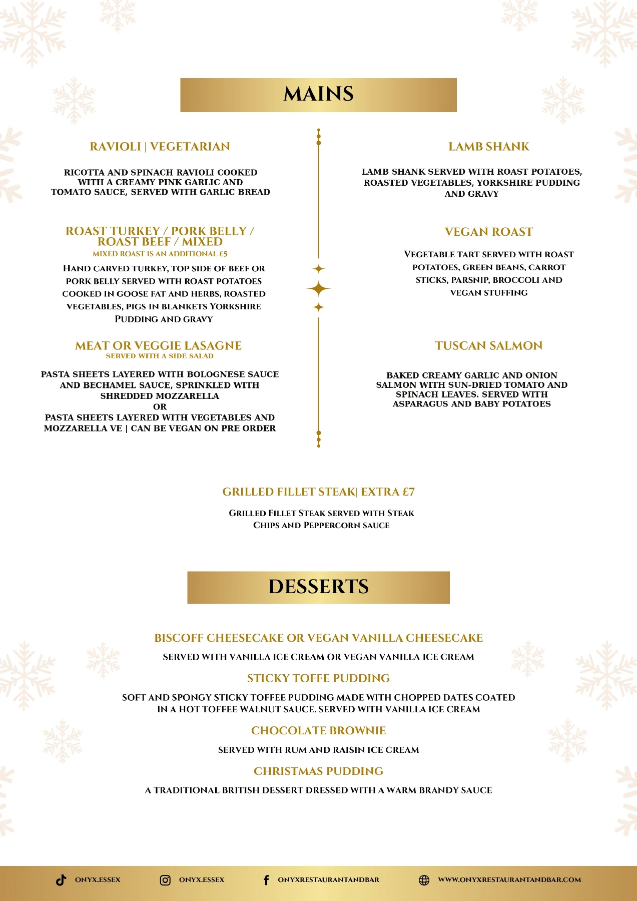 Festive menu main courses and desserts