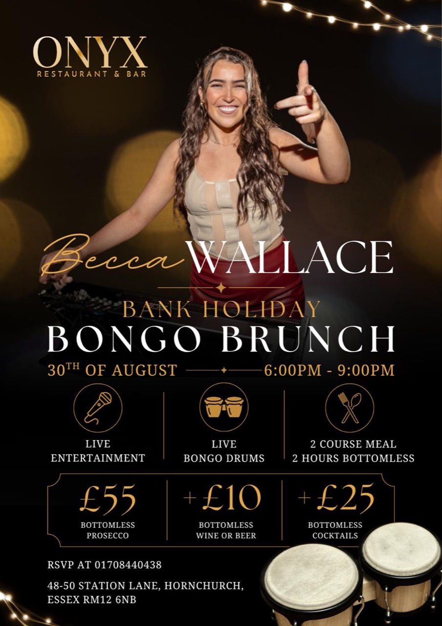 Bank Holiday Bongo Brunch poster with Becca Wallace at Onyx