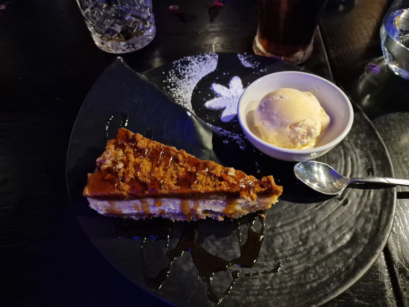 Dessert slice served with ice cream